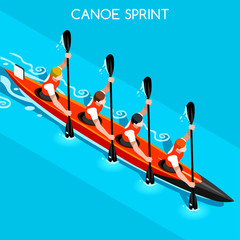 Kayak Sprint Four Summer Games Icon Set.3D Isometric Canoeist Paddler.Sprint Kayak Sporting Competition Race.Olympics Sport Infographic Canoe Kayak Vector Illustration