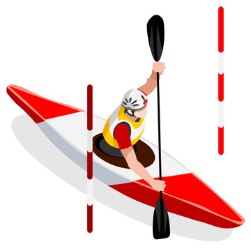 Kayak Slalom Canoe Summer Games Icon Set.3D Isometric Canoeist Paddler.Slalom Kayak Sporting Competition Race.Olympics Sport Infographic Kayak Slalom Vector Illustration