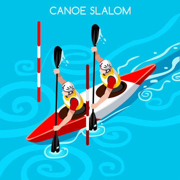 Kayak Slalom Doubles Canoe Summer Games Icon Set.3D Isometric Canoeist Paddler.Slalom Kayak Sporting Competition Race.Olympics Sport Infographic Kayak Slalom Vector Illustration