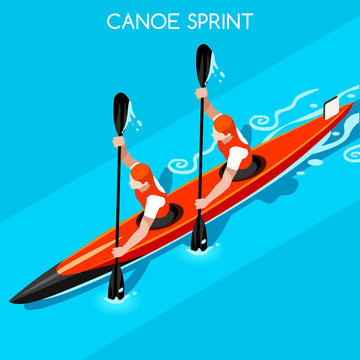 Kayak Sprint Doubles Summer Games Icon Set.3D Isometric Canoeist Paddler.Sprint Kayak Sporting Competition Race.Olympics Sport Infographic Canoe Kayak Vector Illustration