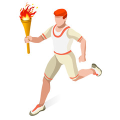 Torchbearer Relay Running Woman Summer Games Icon Set.Speed Concept.3D Isometric Athlete.Sporting Competition.Olympics Sport Infographic Torchbearer Vector Illustration. - 114361741