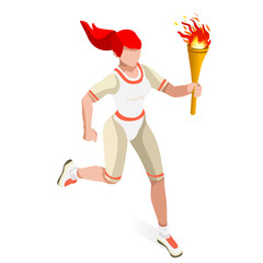 Torchbearer Relay Running Woman Summer Games Icon Set.Speed Concept.3D Isometric Athlete.Sporting Competition.Olympics Sport Infographic Torchbearer Vector Illustration. - 114361743