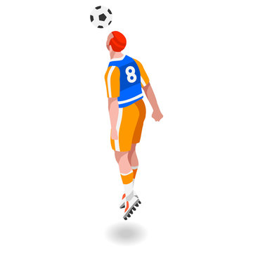 Russia 2018 Soccer Header Player Athlete Sports Icon Set.3D Isometric Field Soccer Match and Players.Sporting International Competition Championship.Olympics Sport Soccer Infographic Football Vector
