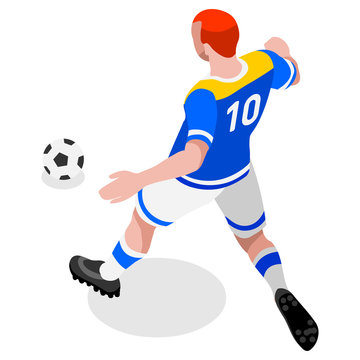 Russia 2018 Soccer Striker Player Athlete Sports Icon Set.3D Isometric Field Soccer Match and Players.Sporting International Competition Championship.Olympics Sport Soccer Infographic Football Vector