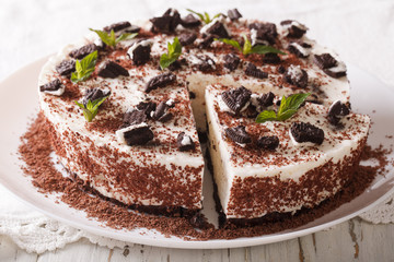 Cheesecake dessert with chunks of chocolate cookies and mint close up. horizontal
