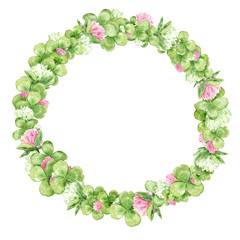 Watercolor wreath with pink and white flowers of clovers and leaves. Summer flowers for you beautiful design.