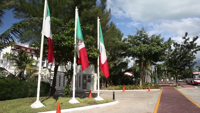 Three Mexican flags at Hotel Zone. Cancun