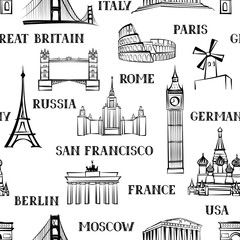 Travel seamless pattern. Vacation in Europe wallpaper. World Famous Landmarks