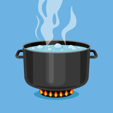 Boiling water in pan. Black cooking pot on stove with water and steam. Flat design graphics elements. Vector illustration