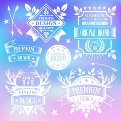 Vector vintage badges set. Premium quality white badges, labels and ribbons isolated on trendy gradient background