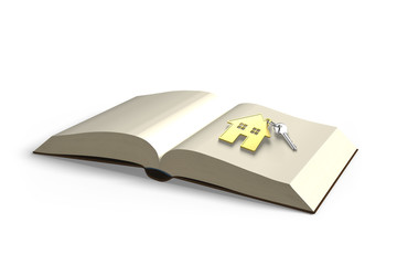 Opening book with key and golden house, knowledge bring wealth,