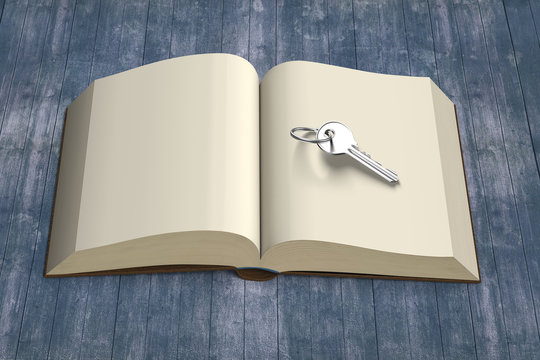 Book opening with key and vintage wood table, 3D rendering