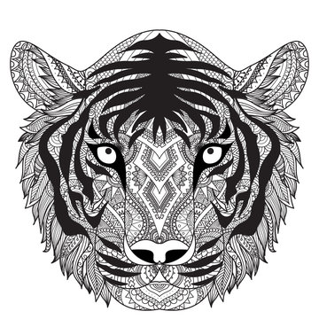 Clean lines doodle design of tiger face, for T-Shirt graphic, tattoo, coloring book for adult and so on -Stock vector

