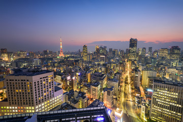 Naklejka na ściany i meble Tokyo, Japan skyline over Shiodome district towards Tokyo Tower.