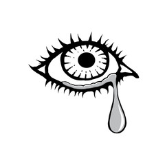 Crying eye on a white background. 
Hand-drawn retro style.