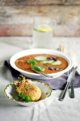 Fried fennel in breadcrumbs with cold tomato soup and lemonade