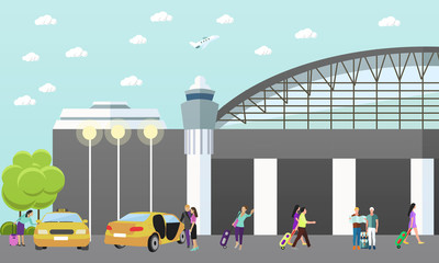 Taxi service company vector concept banner. People catch yellow cab in airport.