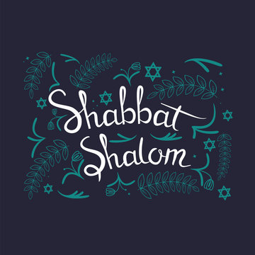 Hand written lettering with text "Shabbat shalom". Typographical design element for jewish holiday shabbat.