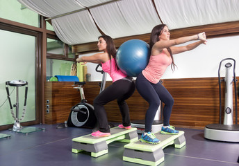 Two women exercise stability ball backs.