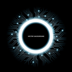 Collection of vector microchip designs, CPU. Information communication technology elements with sparkles, blue luminescent circuit boards in the shape of circle.