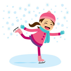 Cute little girl wearing warm winter clothes ice skating on frozen surface