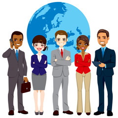 Global multi ethnic team of successful businesspeople standing with confident look in front world earth globe background