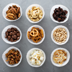 Variety of healthy snacks overhead shot