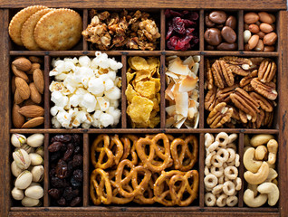 Variety of healthy snacks overhead shot