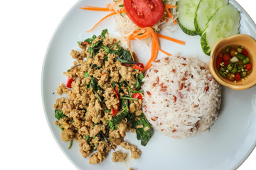 Rice and stir fried pork holy basil (Thai food)