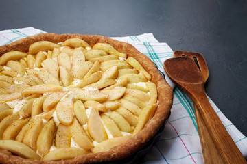 Tasty apple pie on dish. Close up. 