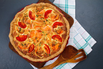 Tasty pie on dish. Close up. From above. 