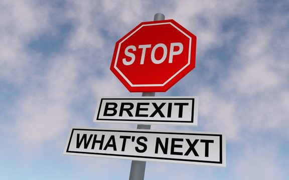 The road sign for Great Britain leaving EU. On the sign write STOP and BREXIT, WHATS NEXT. 3D rendering.