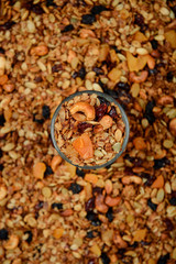 Muesli in glass. Close up. From above.
