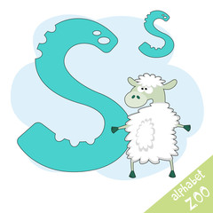 Hand drawn letter S and funny cute sheep. Children's alphabet in cartoon style, vector illustration.