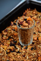 Muesli in glass. Close up.