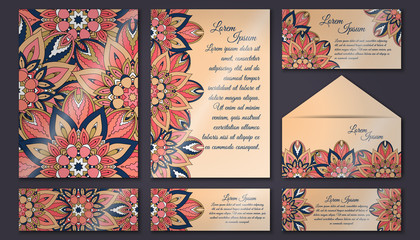 Invitation card collection, delicate floral pattern. Vintage decorative elements. Hand drawn background.