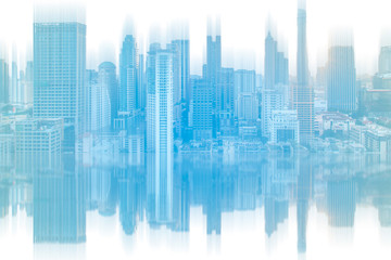 Plakat abstract city blur reflection on glass.Panoramic and perspective view high rise building skyscraper commercial of future. Business concept of success industry tech architecture