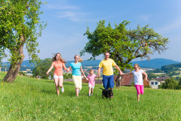 Vater mit Kindern rennt über grüne Wiese im Gras