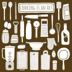 Doodle kitchen set. Hand drawn kitchenware and utensils. Vector elements for kitchen design. Cooking equipment