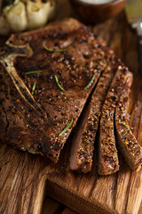 Beef steak cooked on a grill