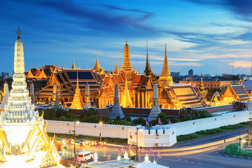 Wat phra keaw and Grand palace at sunset bangkok, Thailand 