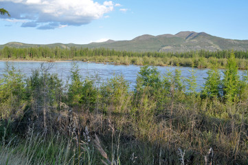 Landscape with the river and the mountains.