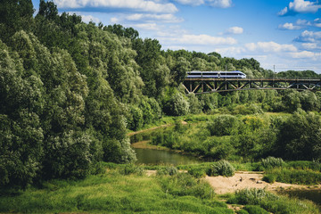 Train coming out of the trees and moving towards bridge on Vistula river in Warsaw, Poland. Photo...