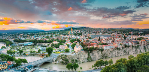 Evening View Of Tbilisi At Colorful Sunset. Georgia. Summer City - obrazy, fototapety, plakaty