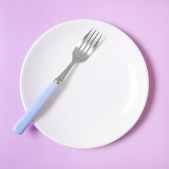 Crockery and plates - a plain white, empty dinner dish with blue fork on a pink background