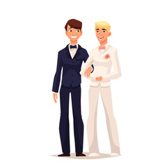 wedding of two gay, comic cartoon vector illustration isolated on white background, a young married couple of two gay men, marriage process two gay person