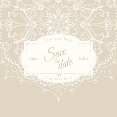 Wedding invitation card with white mandala on beige background, illustration