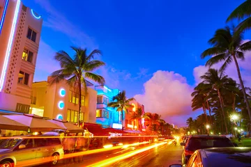 Papier Peint photo Lavable Amérique centrale Miami South Beach coucher de soleil Ocean Drive en Floride