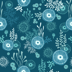 Vector hand drawn seamless pattern with underwater world of seaweeds and jellyfish. Sea repeat background - 114380561