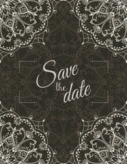 Wedding invitation card with white mandala on dark background, illustration